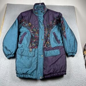 VTG  P.A. Originals Jacket Coat Womens Medium Gold Black Teal Full Zip Snap Cozy